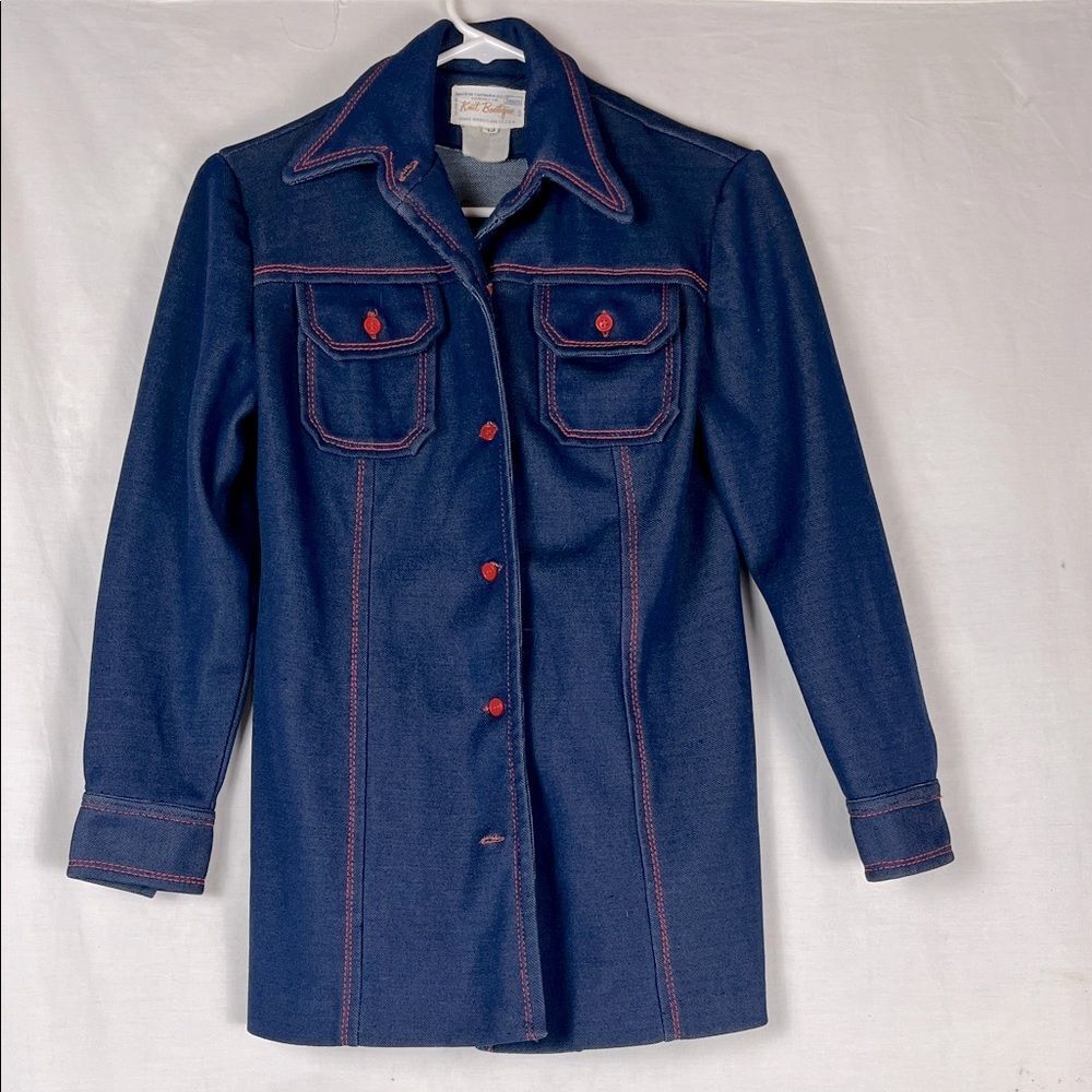 Vintage 1970s Knit Boutique Blue Button Up Blouse w/ Red Stitching